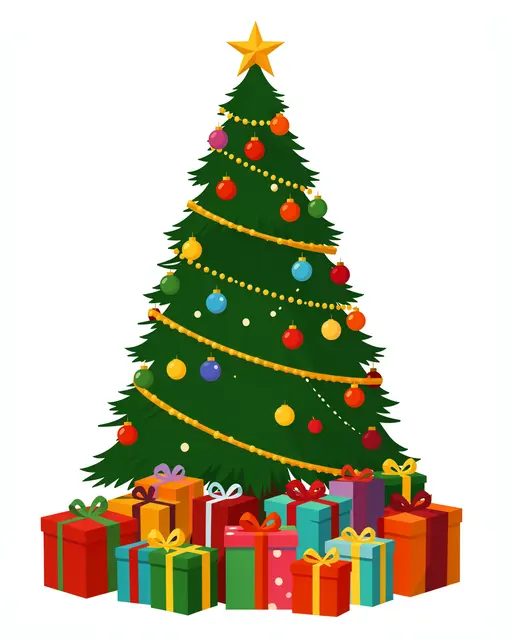 Flat clipart illustration of a decorated Christmas tree topped with a star surrounded by wrapped gift boxes on a plain white