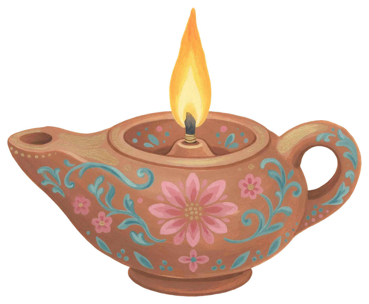 Hand-painted gouache illustration of a decorated clay oil lamp with a bright burning flame