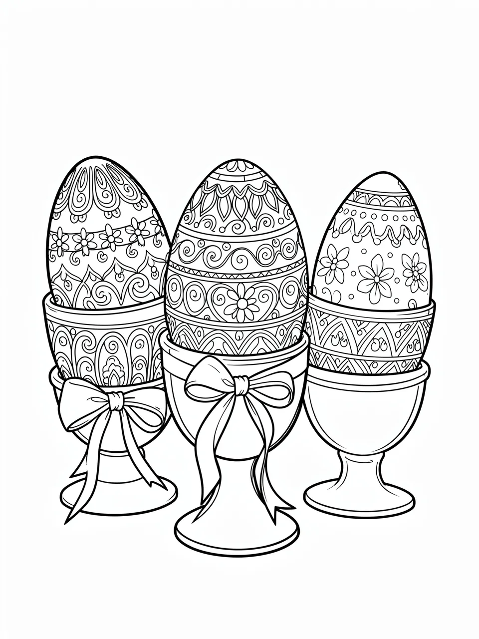 Black and white line art of three ornate decorated Easter eggs in ribbon-adorned egg cups on a plain white background