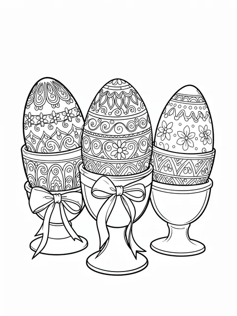 Black and white line art of three ornate decorated Easter eggs in ribbon-adorned egg cups on a plain white background