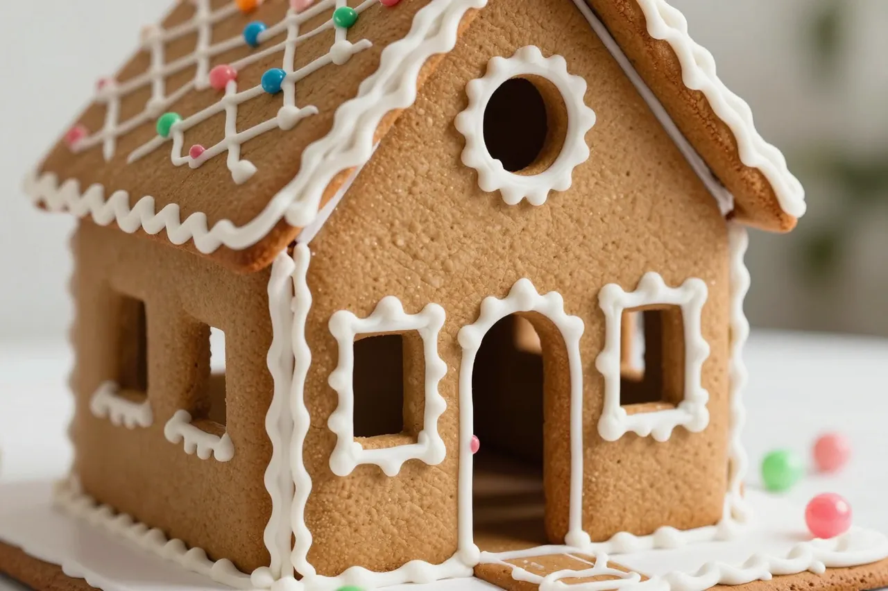 Close up of a festive decorated gingerbread house with white icing and colorful candy details