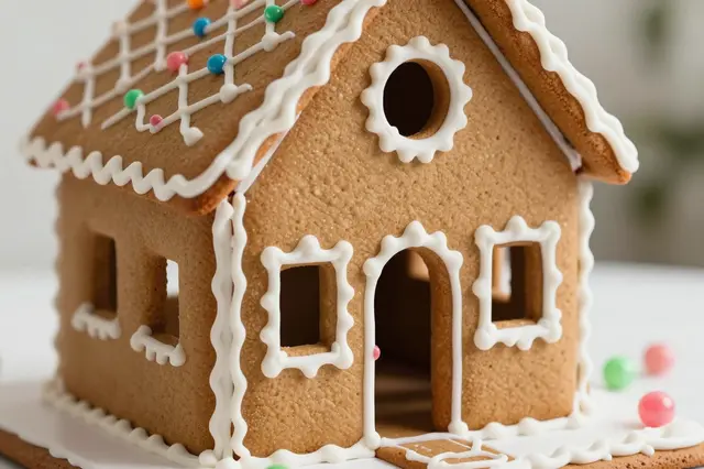 Close up of a festive decorated gingerbread house with white icing and colorful candy details