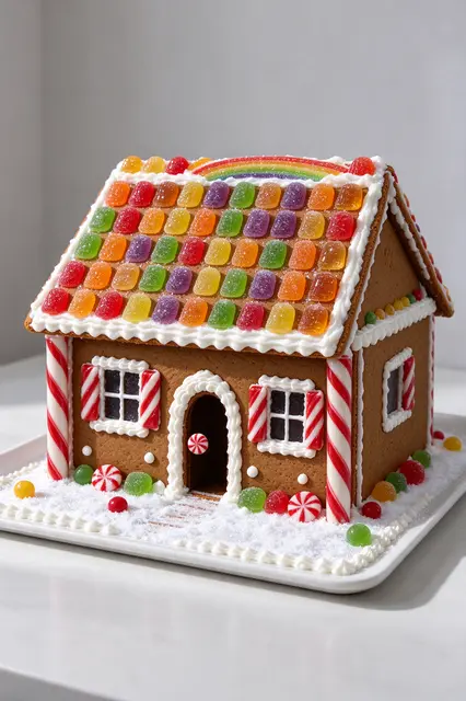 A festive gingerbread house with colorful gumdrop roof and candy cane pillars sits on a snowy white tray.