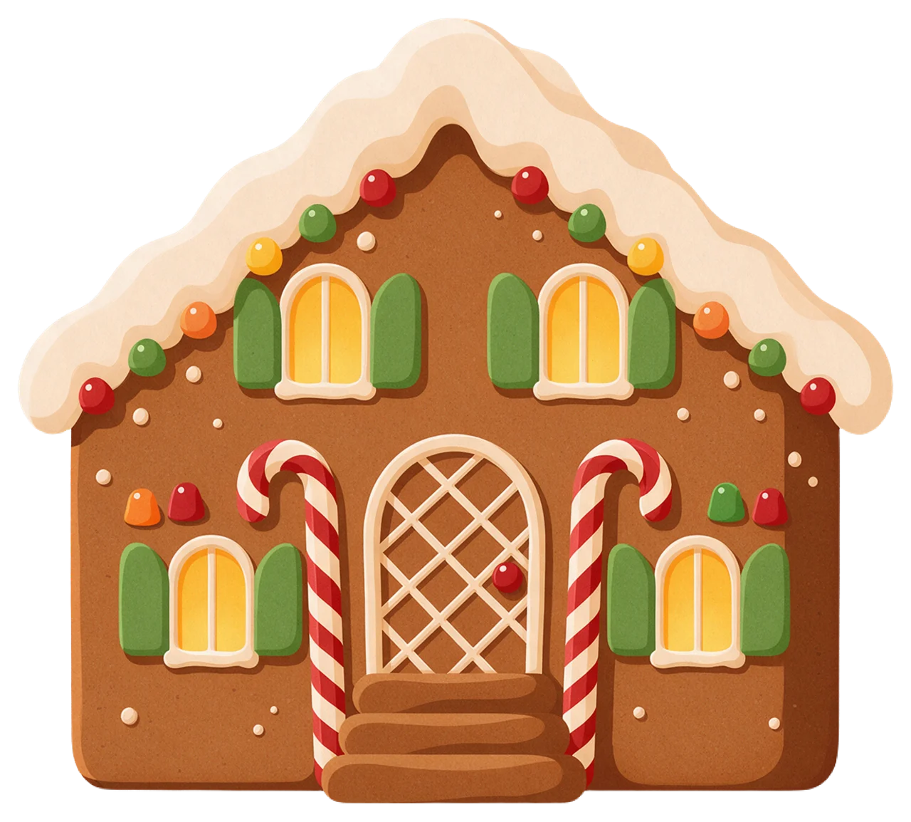 A festive illustrated gingerbread house decorated with icing, gumdrops, and candy canes