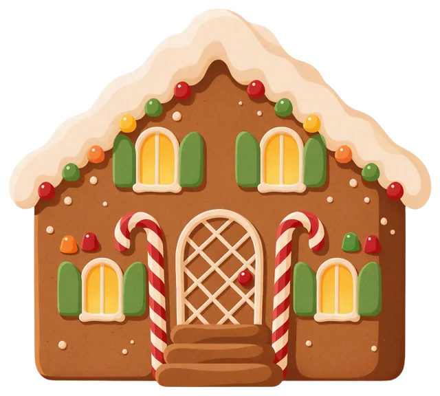 A festive illustrated gingerbread house decorated with icing, gumdrops, and candy canes
