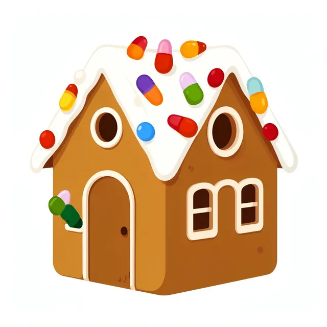 Flat clipart gingerbread house with white icing roof and colorful candy decorations on an isolated white background