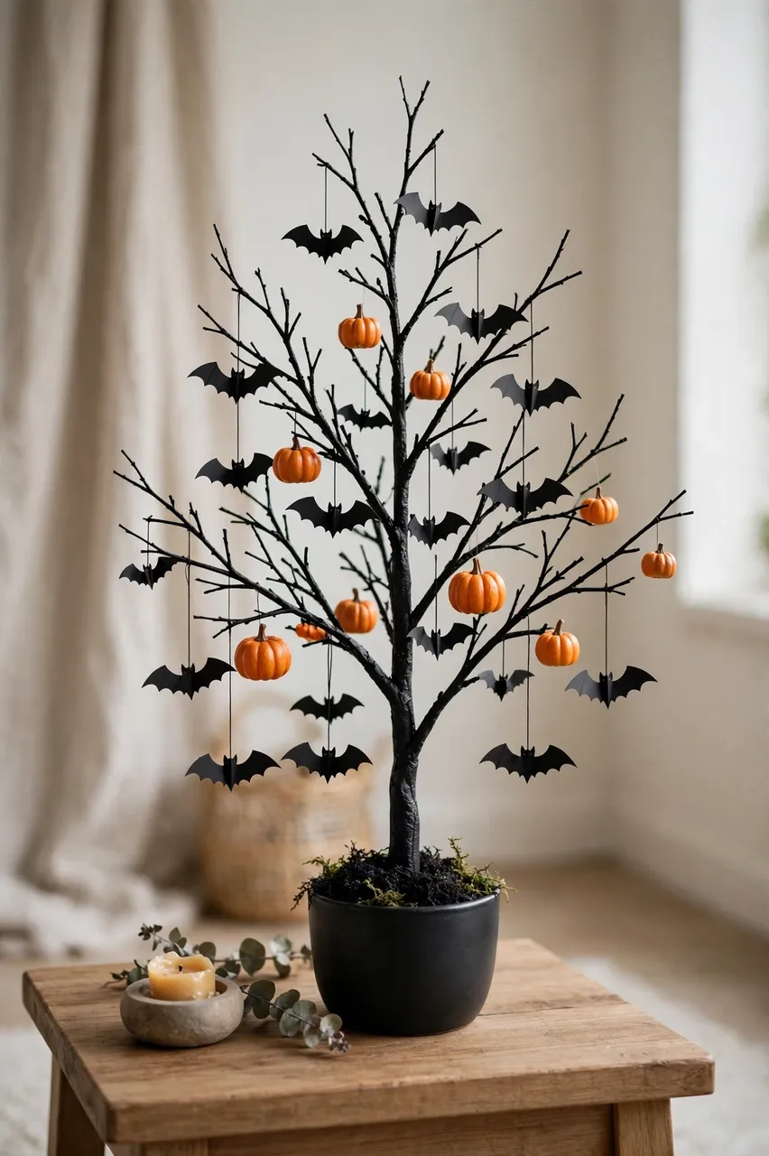 Black twig Halloween tree with bat and pumpkin ornaments sits on a wooden side table next to a tealight candle.