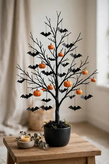 Black twig Halloween tree with bat and pumpkin ornaments sits on a wooden side table next to a tealight candle.