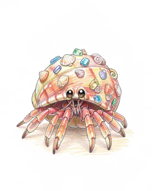Colored pencil illustration of a cute hermit crab with a shell decorated in tiny seashells and sea glass resting on light