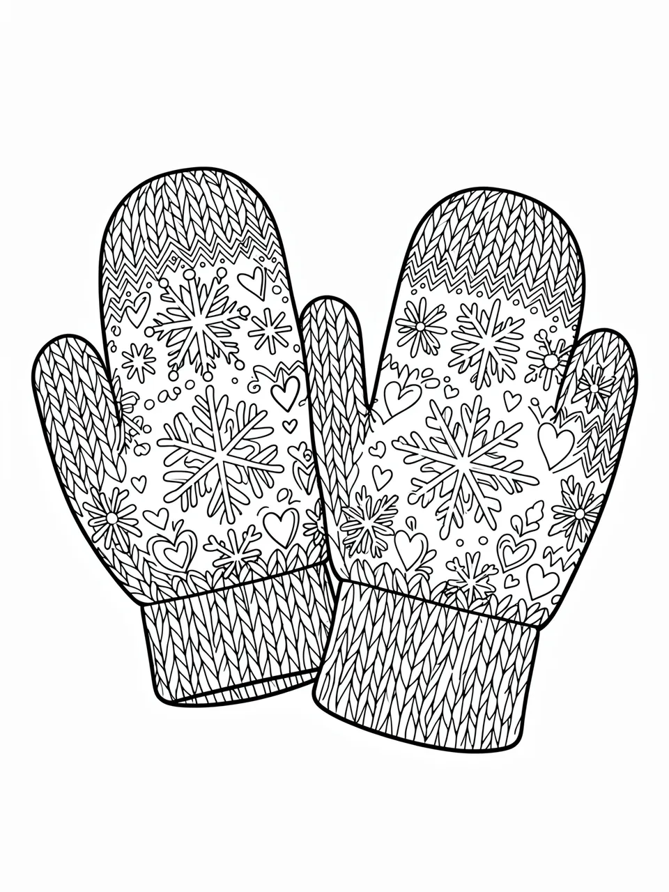 Black and white line art of a pair of knitted mittens with folk art snowflake and heart patterns on a plain white background