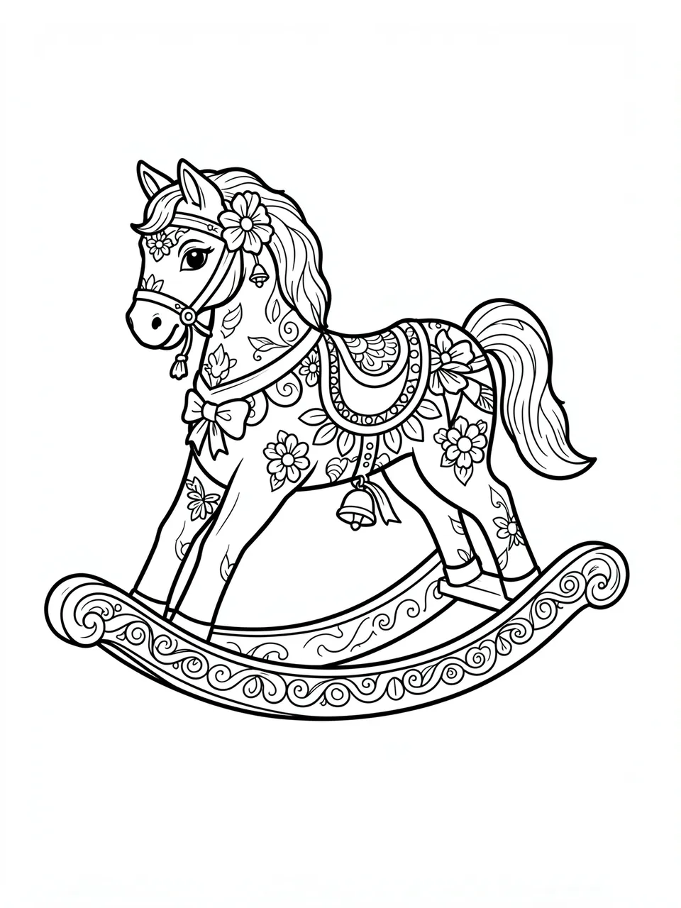 Intricate black line art of a floral decorated rocking horse on a plain white background
