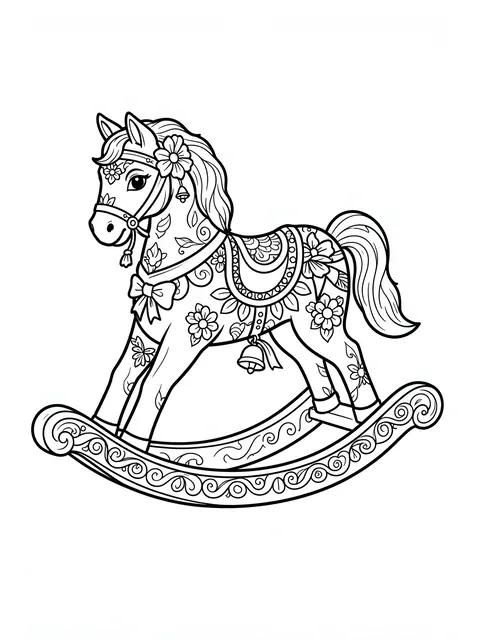 Intricate black line art of a floral decorated rocking horse on a plain white background