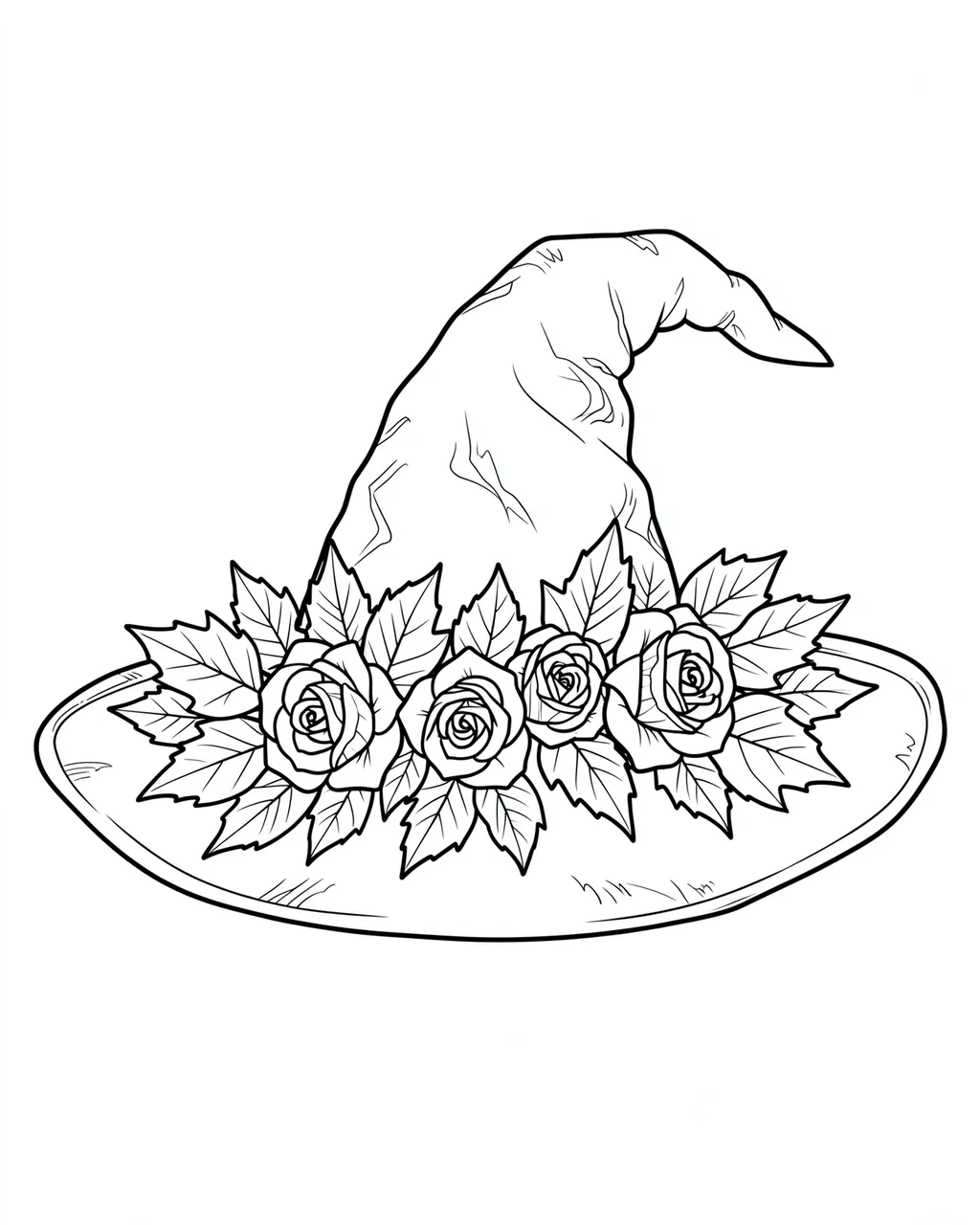 Black and white line art of an intricate witch hat adorned with roses and autumn leaves on a plain white background