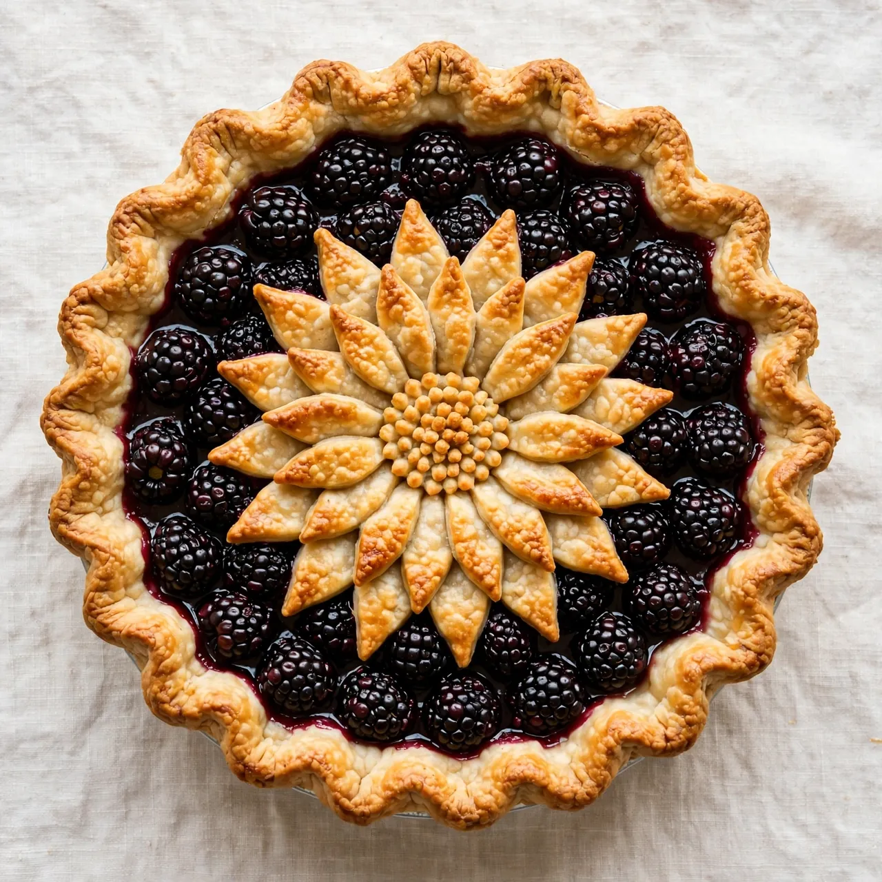 Overhead view of a blackberry pie with a scalloped crust and pastry sunflower center resting on linen