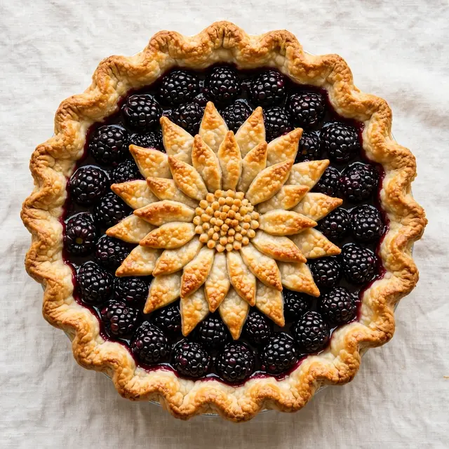 Overhead view of a blackberry pie with a scalloped crust and pastry sunflower center resting on linen