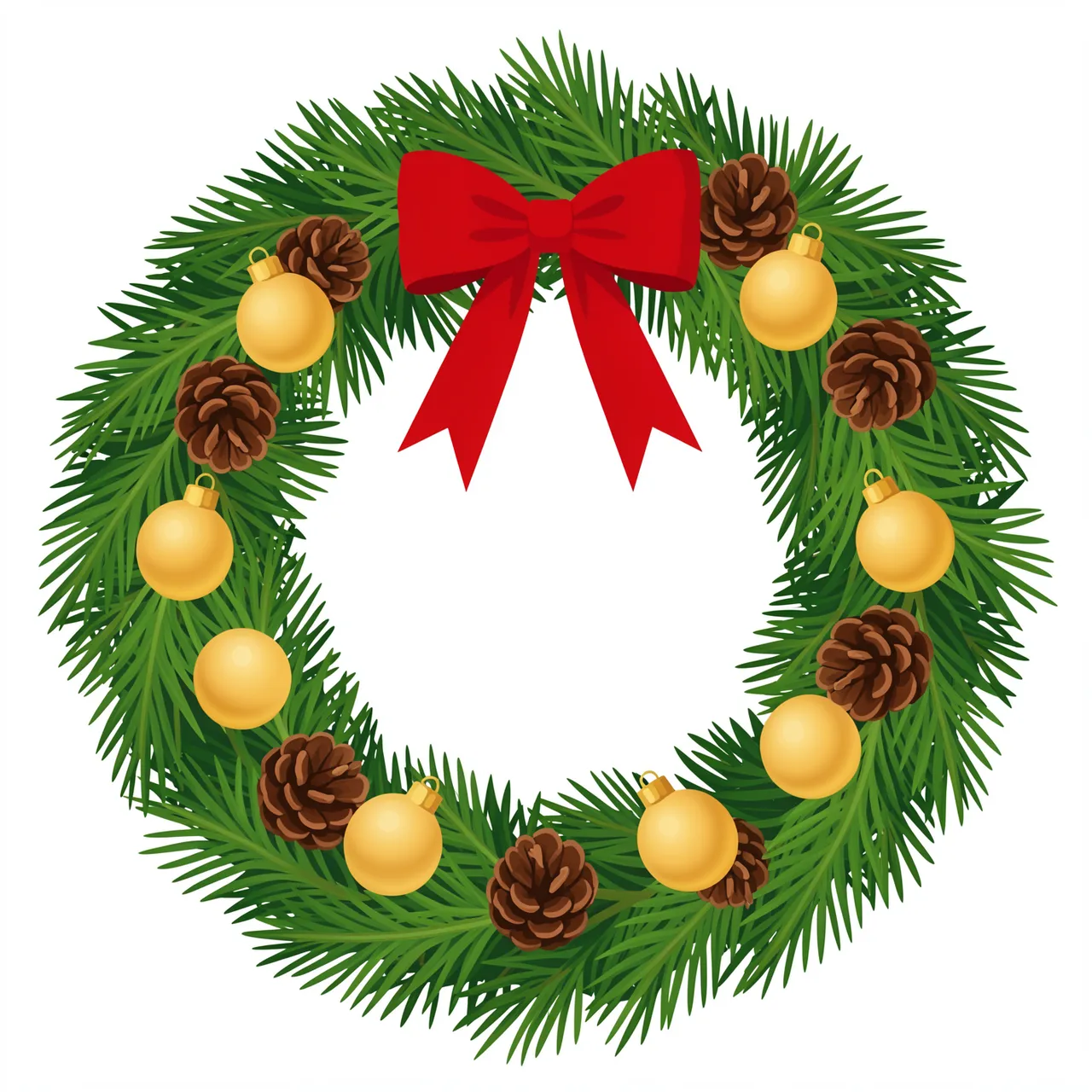 Flat illustration of a festive fir Christmas wreath with ornaments, pinecones and a red bow on a white background