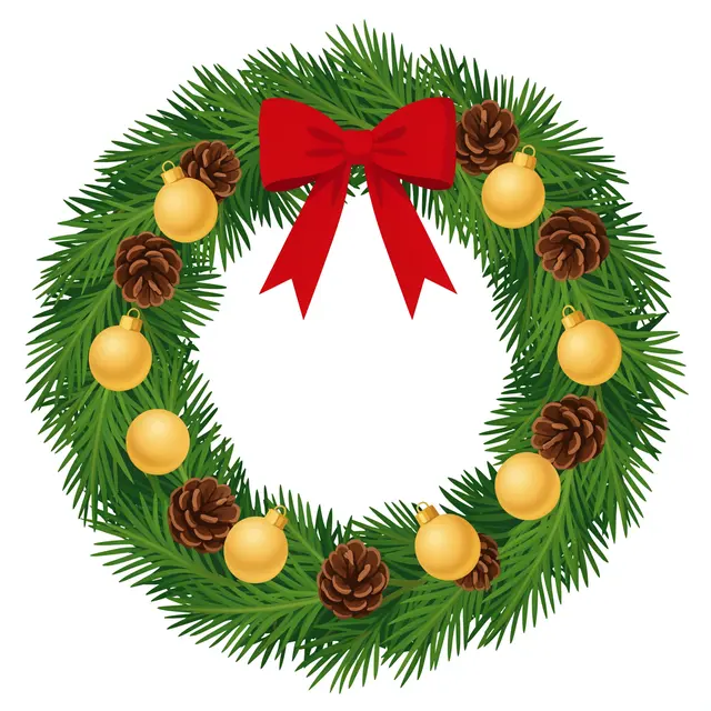 Flat illustration of a festive fir Christmas wreath with ornaments, pinecones and a red bow on a white background