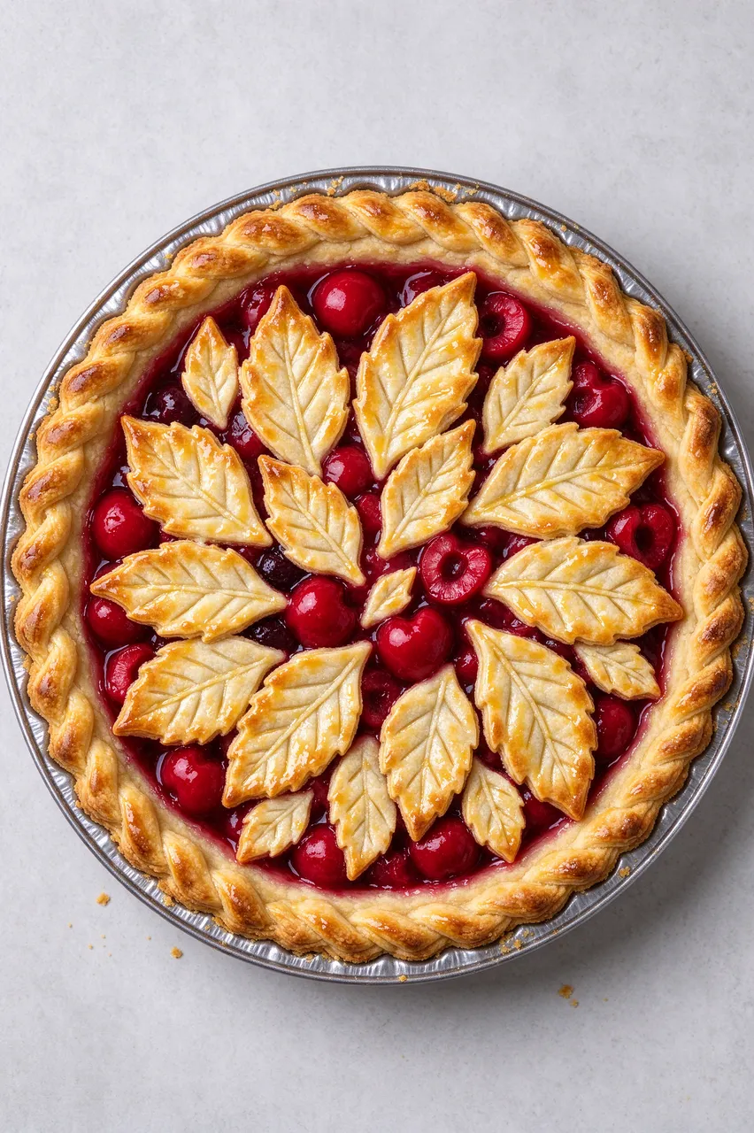 Overhead view of a cherry pie with braided rim and pastry leaf topping on a light gray countertop
