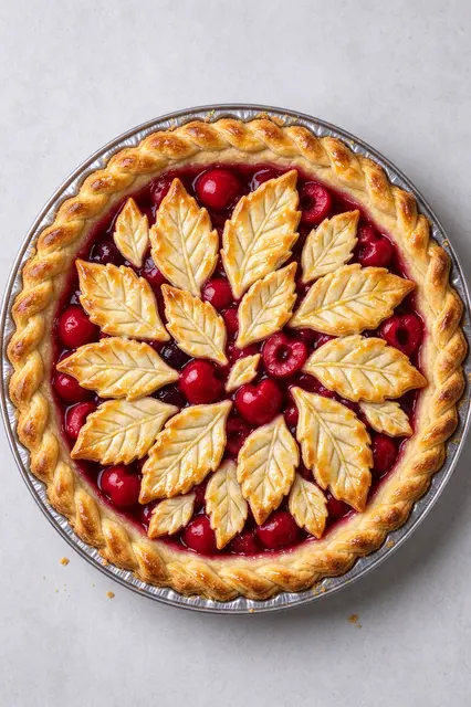 Overhead view of a cherry pie with braided rim and pastry leaf topping on a light gray countertop