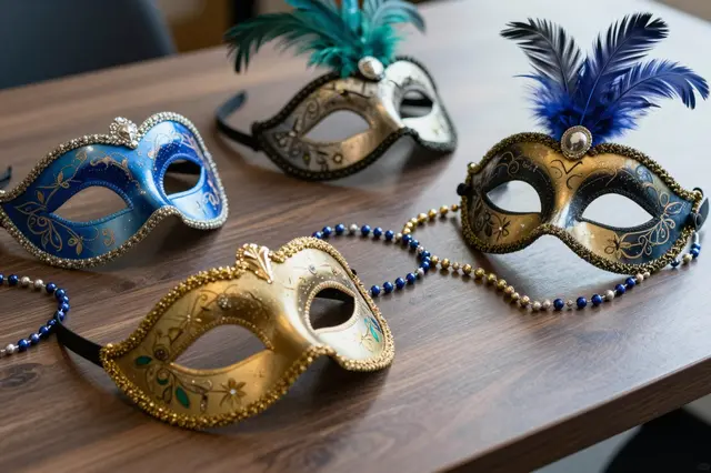 Four ornate feathered Mardi Gras masks arranged with beaded strands on a wooden table