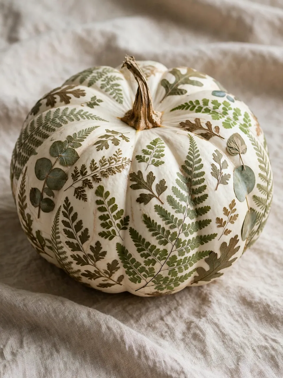 A decorated white pumpkin with pressed ferns and leaves sits on crumpled beige linen