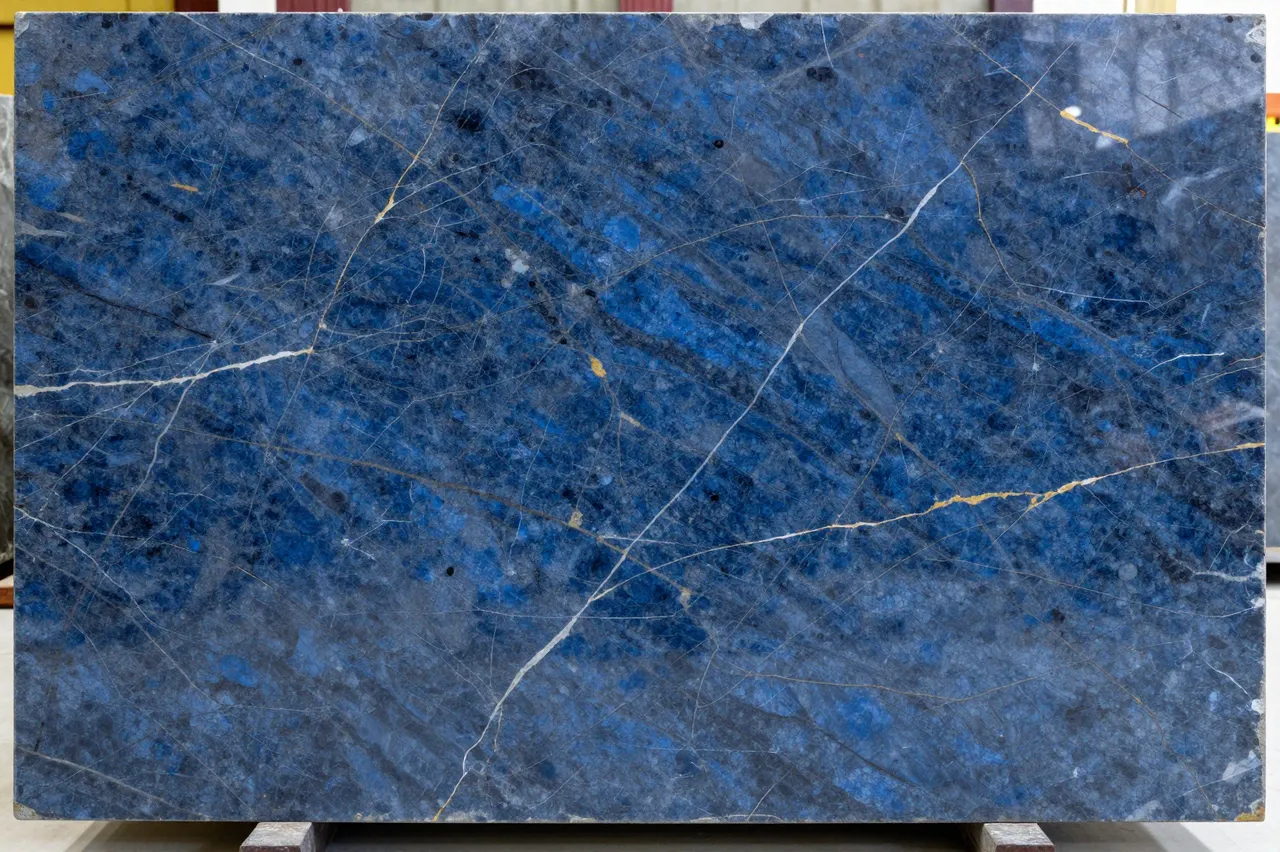 Full frame close-up of a polished deep blue marble slab with white and gold veining