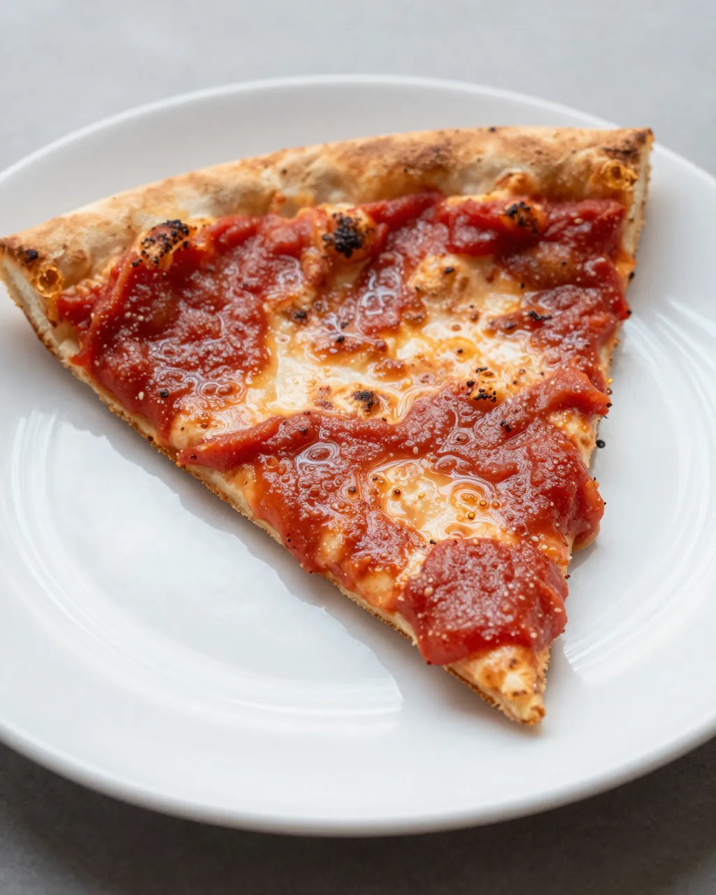 A single slice of deep dish pizza with thick tomato sauce rests on a white round plate