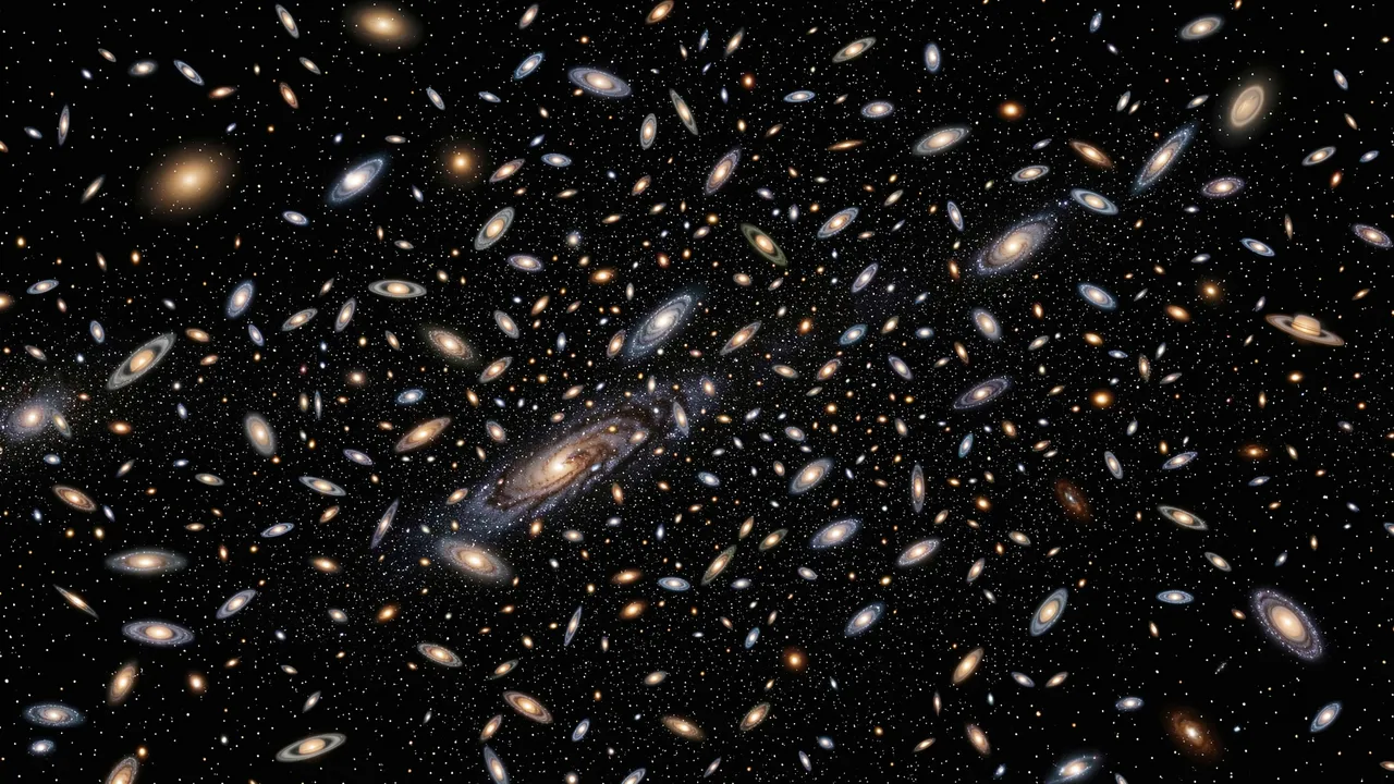 Countless spiral and elliptical galaxies scattered across the dark expanse of deep space