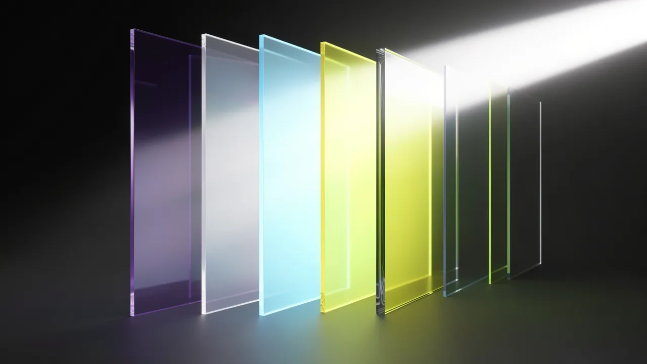 A beam of white light passes through a row of translucent colored glass panels against a dark background
