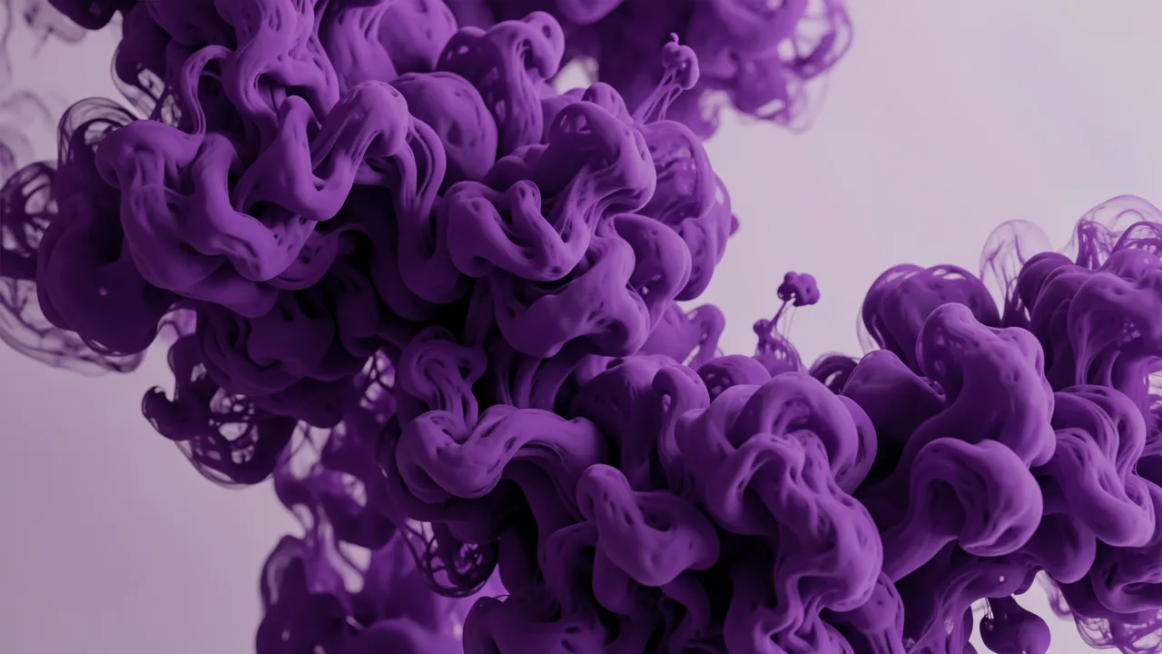 Dense swirling deep purple ink and smoke clouds drift against a pale light purple background.