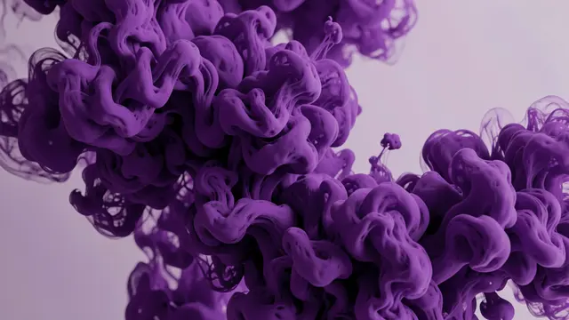 Dense swirling deep purple ink and smoke clouds drift against a pale light purple background.