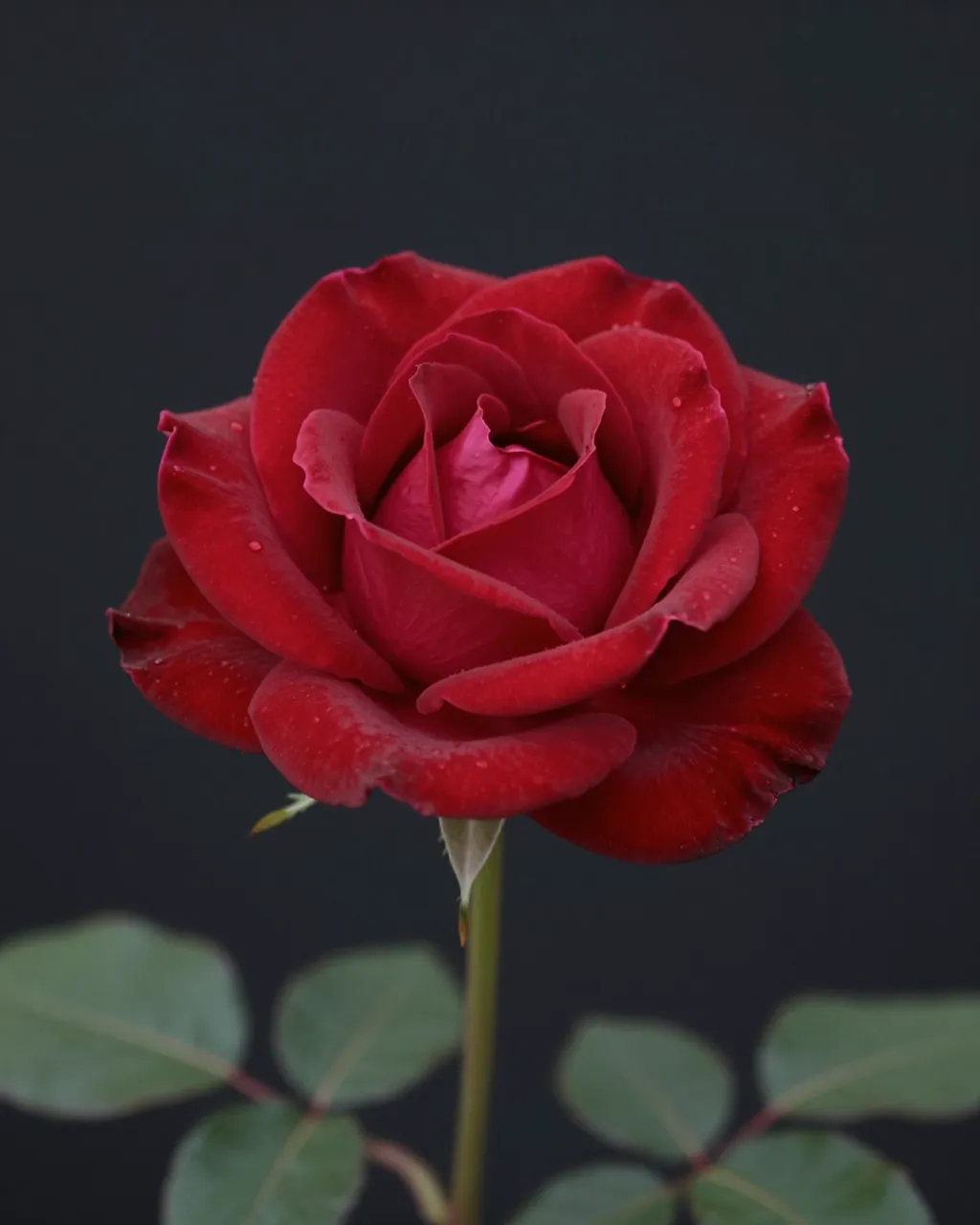 A close-up of a fully bloomed deep red rose against a solid dark background
