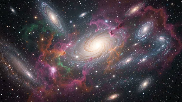 Colorful swirling nebula, spiral galaxies and bright stars fill dark deep space.