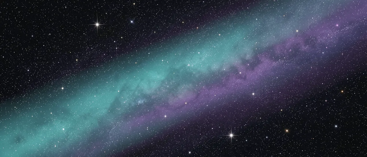 An ultrawide deep space scene with a diagonal turquoise and violet dust band across a dense star field.