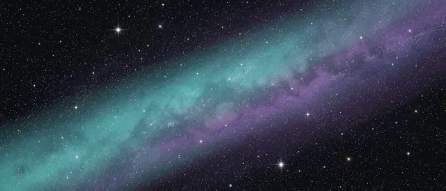 An ultrawide deep space scene with a diagonal turquoise and violet dust band across a dense star field.
