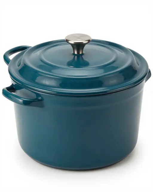 A lidded deep teal enameled dutch oven with metal knob isolated on a pure white background