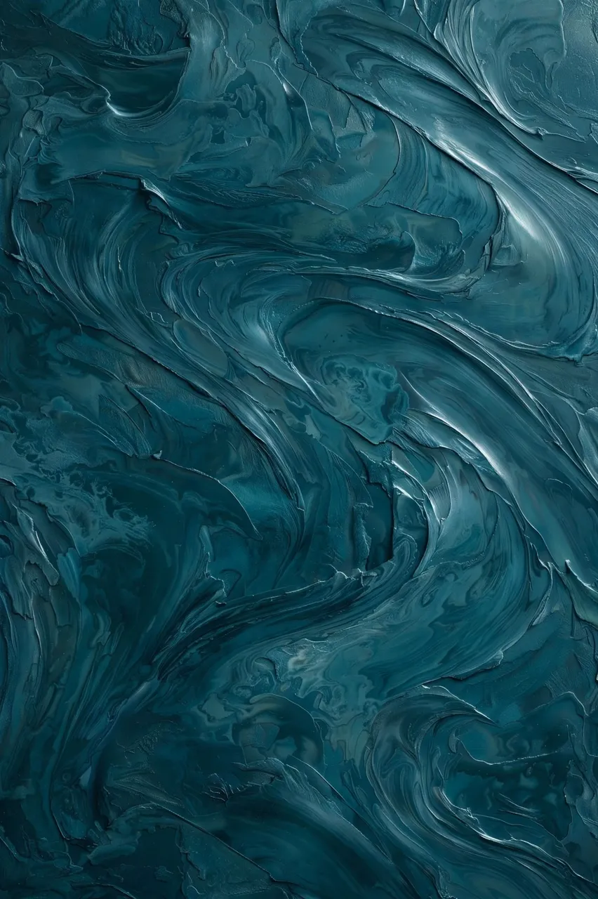 Full frame close-up of glossy burnished deep teal venetian plaster wall texture with swirling trowel marks