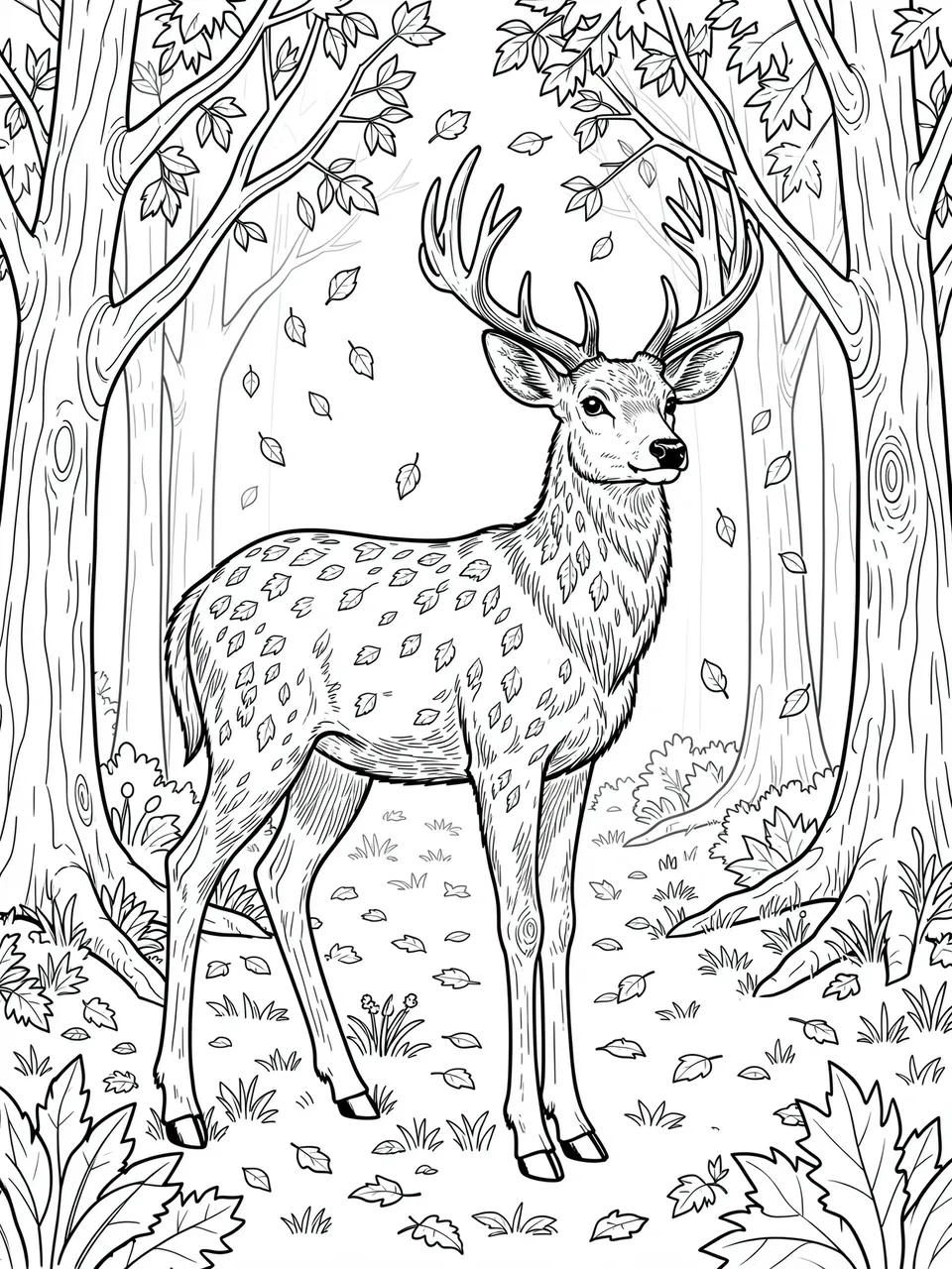 Black and white line art of an antlered deer standing in a forest with falling autumn leaves