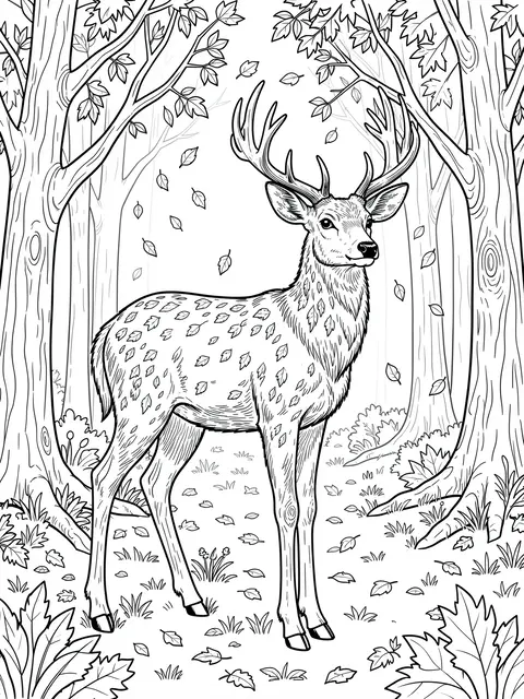 Black and white line art of an antlered deer standing in a forest with falling autumn leaves