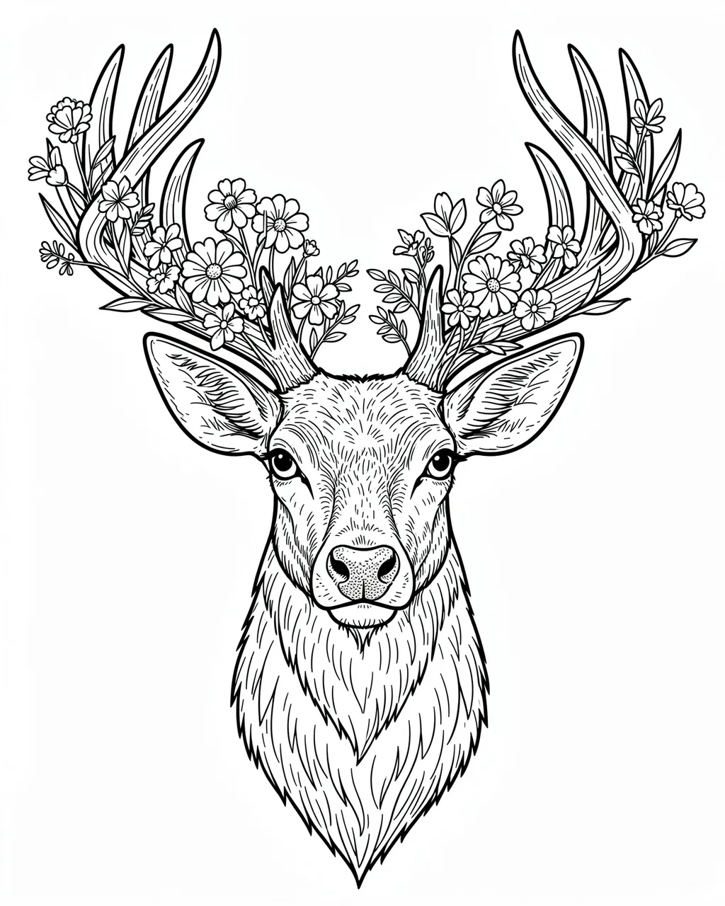 Black and white line art of a deer head with wildflowers growing from its antlers on a plain white background