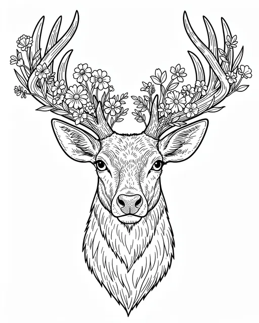 Black and white line art of a deer head with wildflowers growing from its antlers on a plain white background