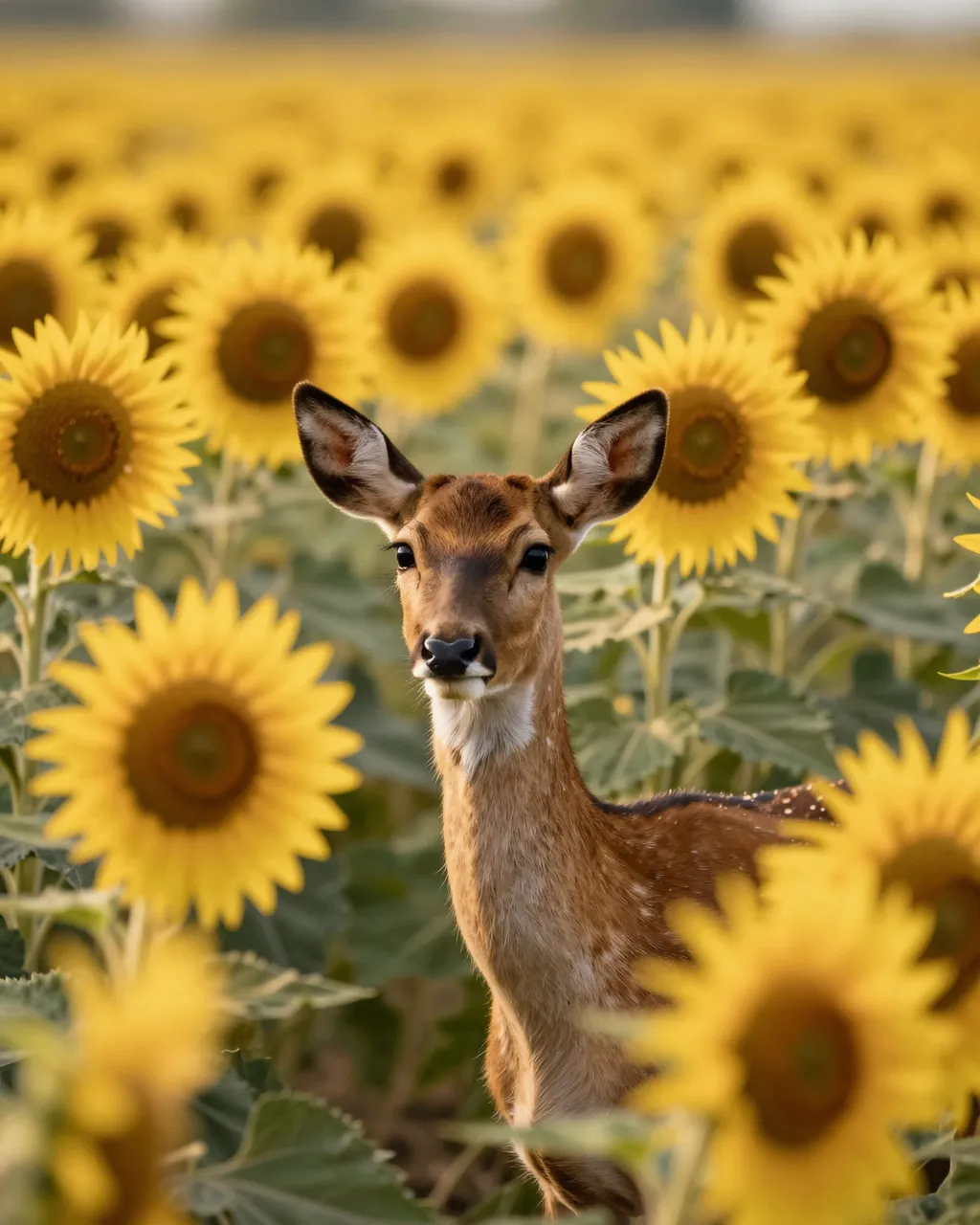 A young spotted deer stands facing the camera in a dense field of blooming sunflowers