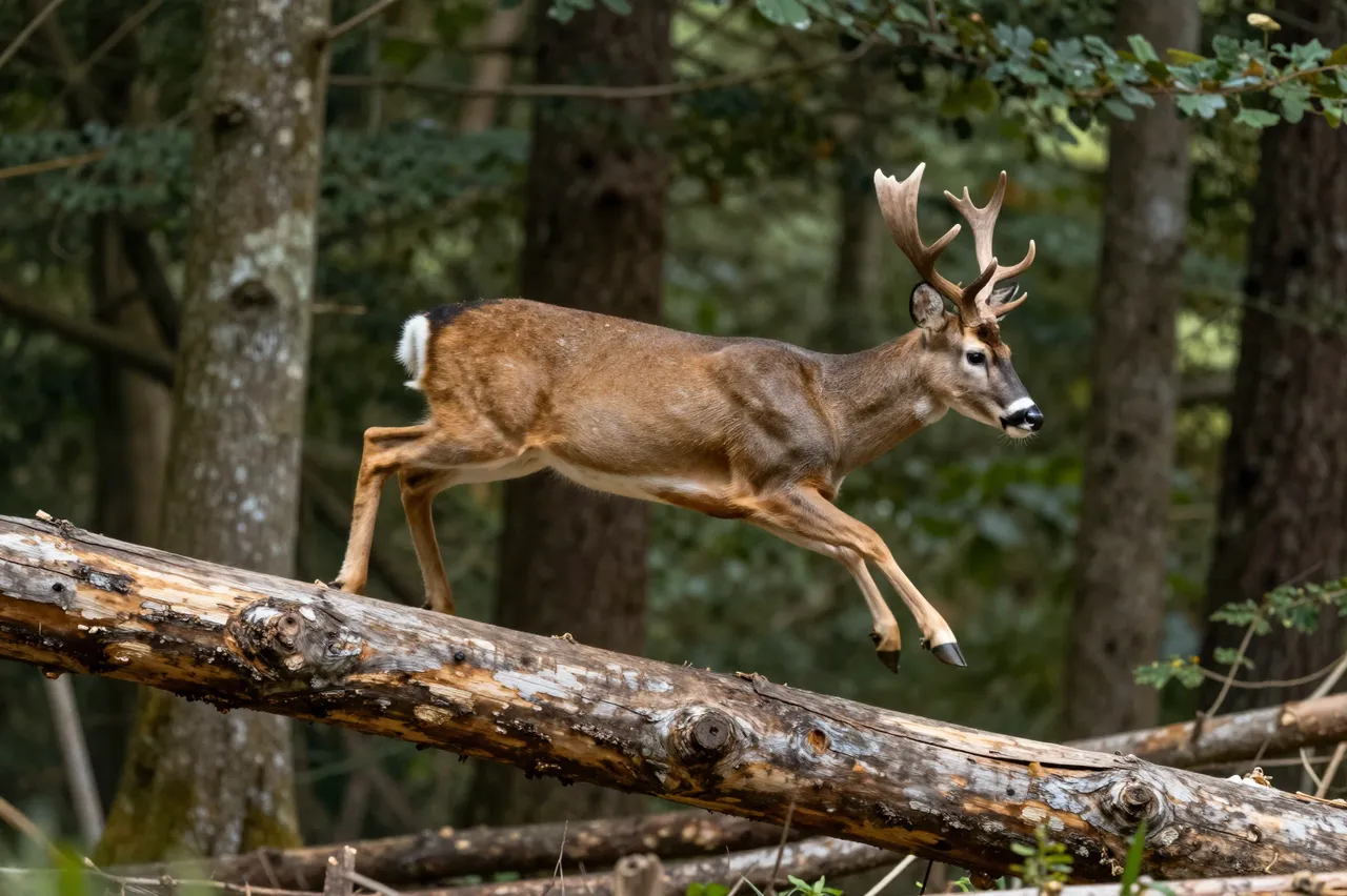 A buck deer with antlers jumps horizontally over a weathered fallen log in a sunlit dense forest.
