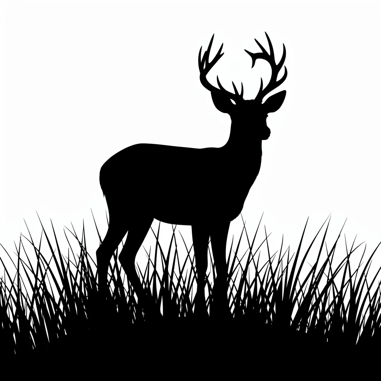 Solid black silhouette of an antlered buck standing in tall grass against a plain white background