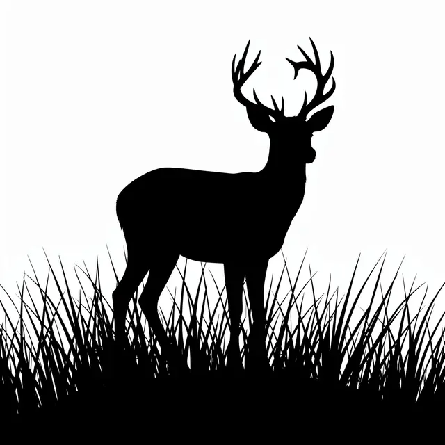 Solid black silhouette of an antlered buck standing in tall grass against a plain white background