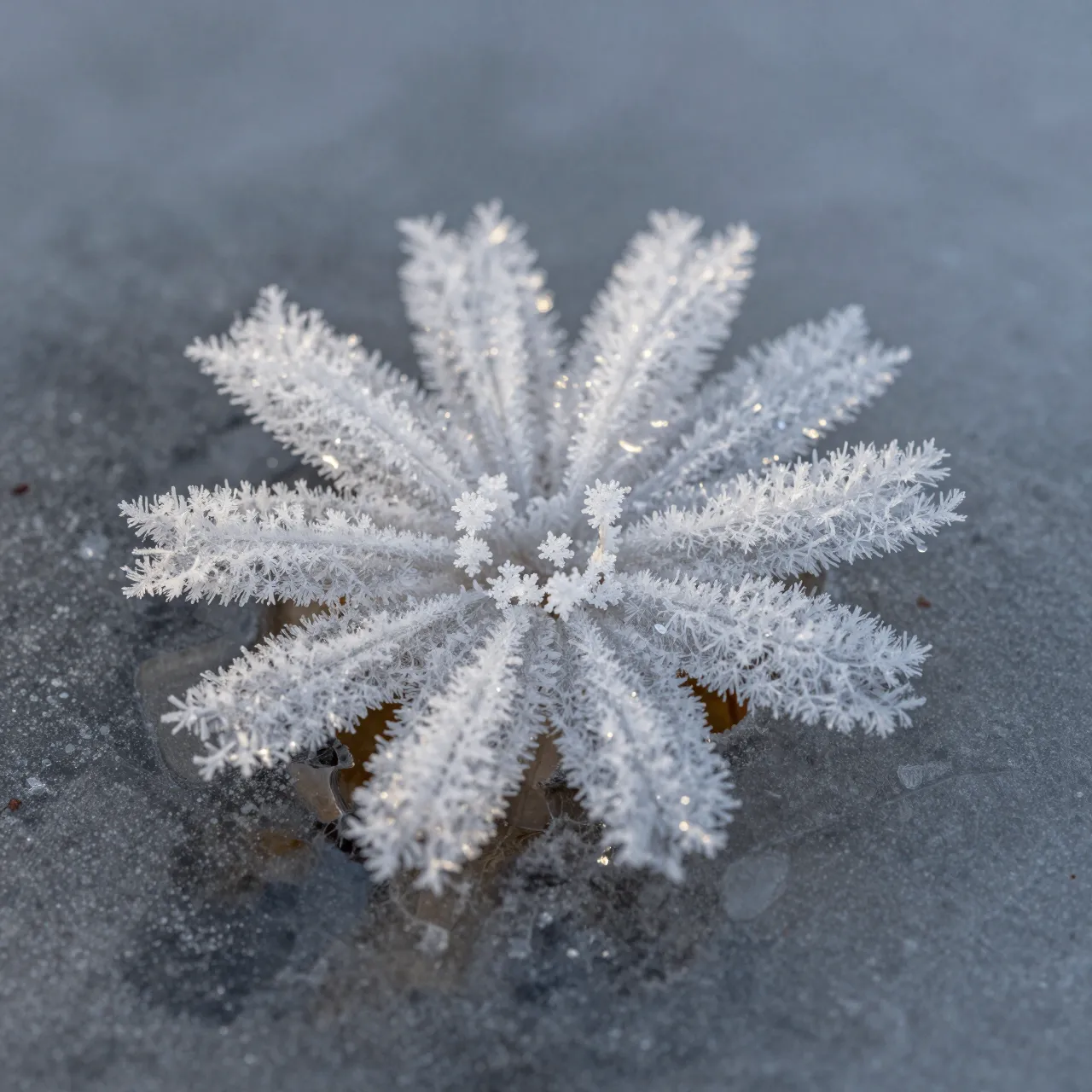 Intricate fern-like frost flower crystal formation resting on thin gray ice at dawn