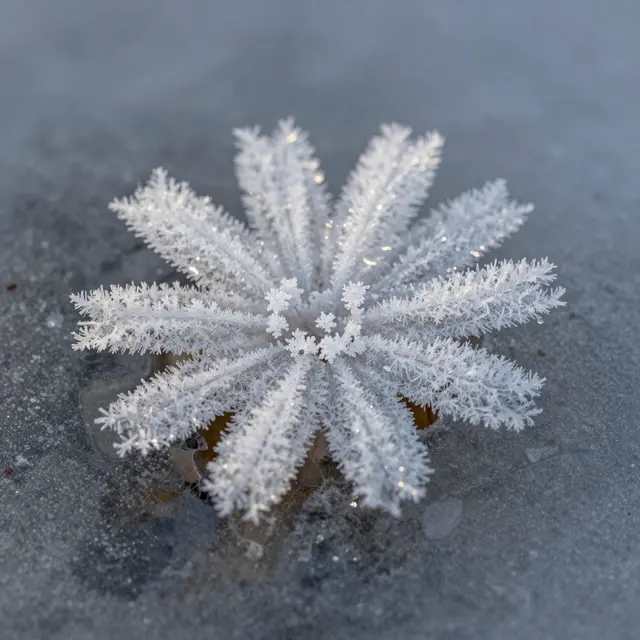Intricate fern-like frost flower crystal formation resting on thin gray ice at dawn