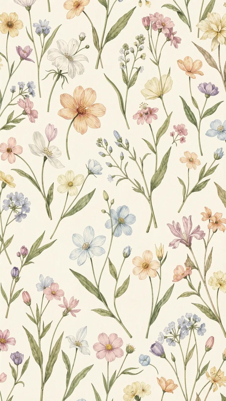 Watercolor style delicate wildflower pattern on a soft cream vertical background