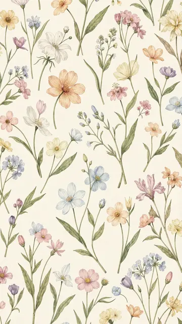 Watercolor style delicate wildflower pattern on a soft cream vertical background