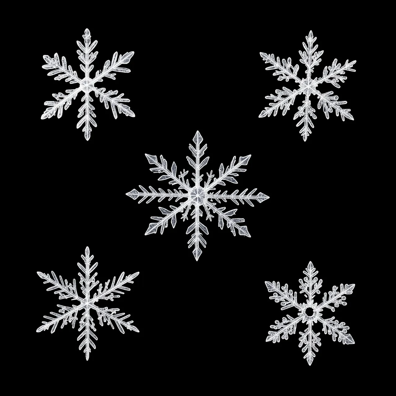Five distinct intricate six-armed snowflake crystals arranged on a solid pure black background